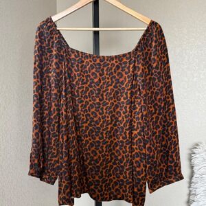 J. Jill Leopard Print Square Neck Long‎ Sleeve Blouse Top Women's Size L